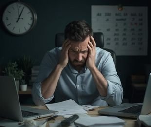 Frustrated man at desk needing help to manage stress and anxiety