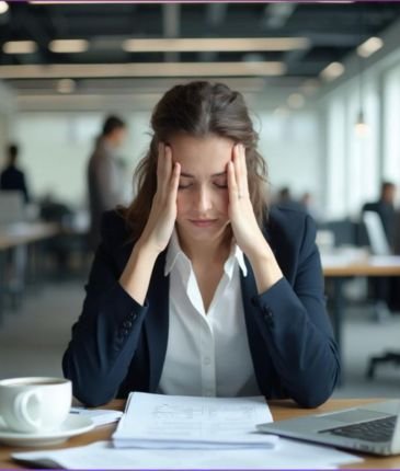 Stressed woman at workplace needing professional stress management counselling