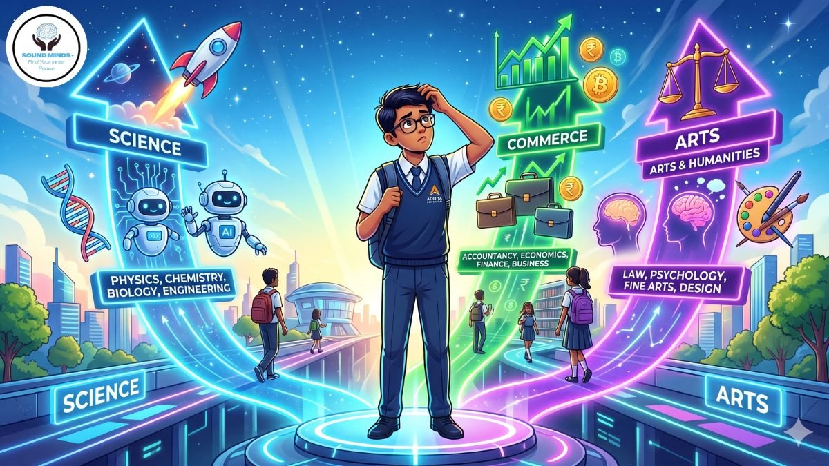 A 10th-grade student confused between choosing Science, Commerce, and Arts streams after board exams.