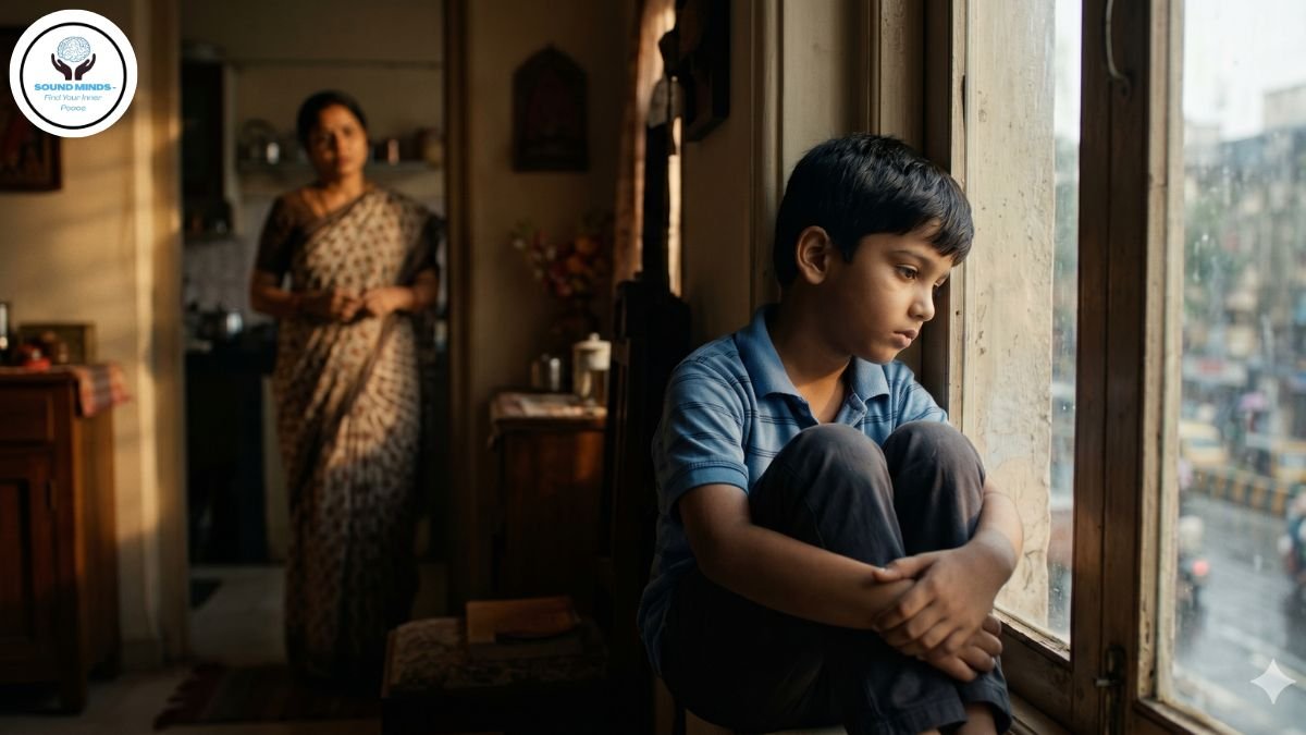 A sad Indian child sitting by a window showing emotional stress signs, highlighting the need for child counselling in Thane.