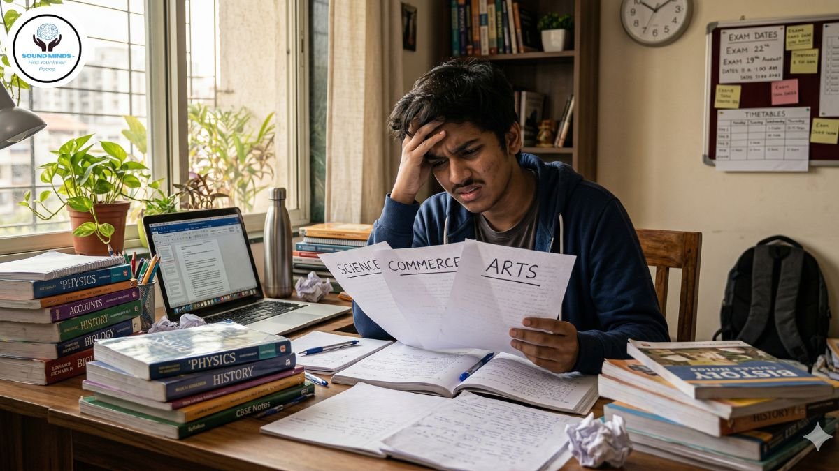 Confused Indian student holding Science Commerce Arts papers after 10th board exams