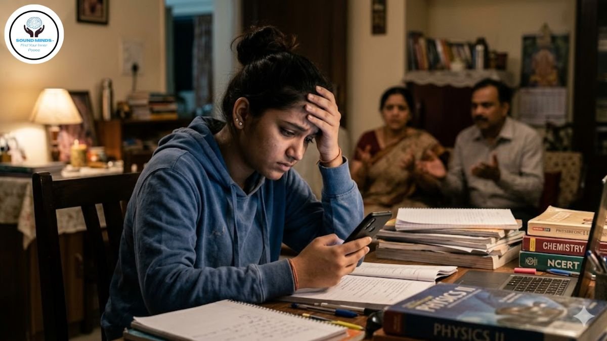 A stressed teenager dealing with result comparison pressure, highlighting the need for teen counselling in Thane and online