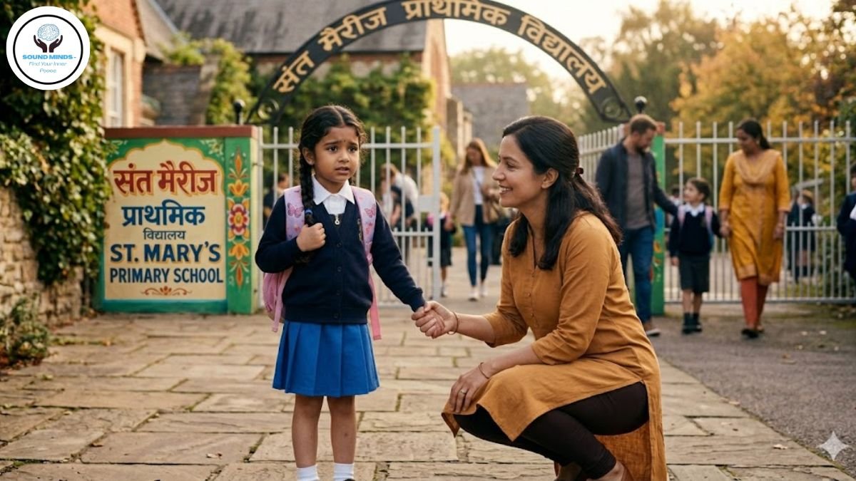 Indian mother reassuring her child at school gate for child counselling in Thane