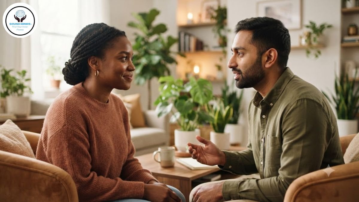 "Couple engaged in healthy communication during relationship counselling for couples.