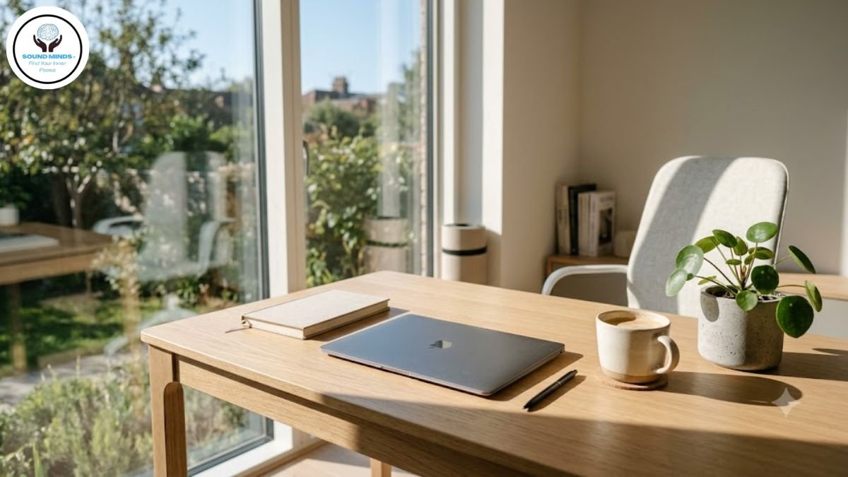 A clean, modern, and minimalist workspace with a laptop, a coffee mug, and a small potted plant, natural sunlight streaming through a window, serene atmosphere, representing a balanced work-life environment.