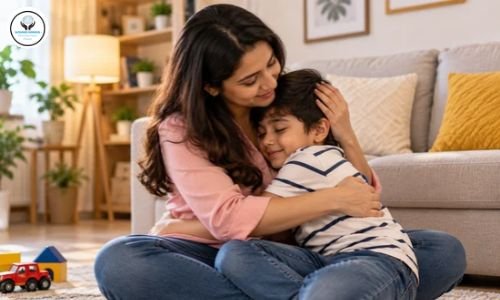 Parent using emotional regulation techniques learned during child anger management counseling to calm a tantrum